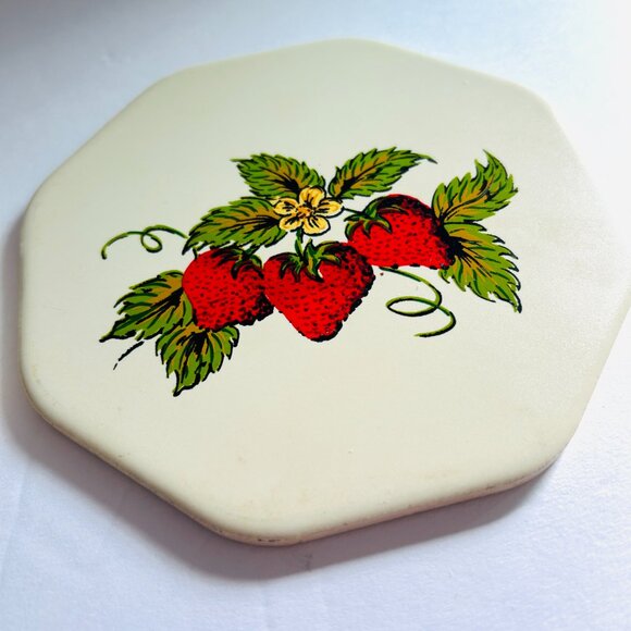 Vintage Cape Craftsmen Tile Trivet Lot of 2 Rooster Strawberries Farmhouse Decor - Picture 3 of 6